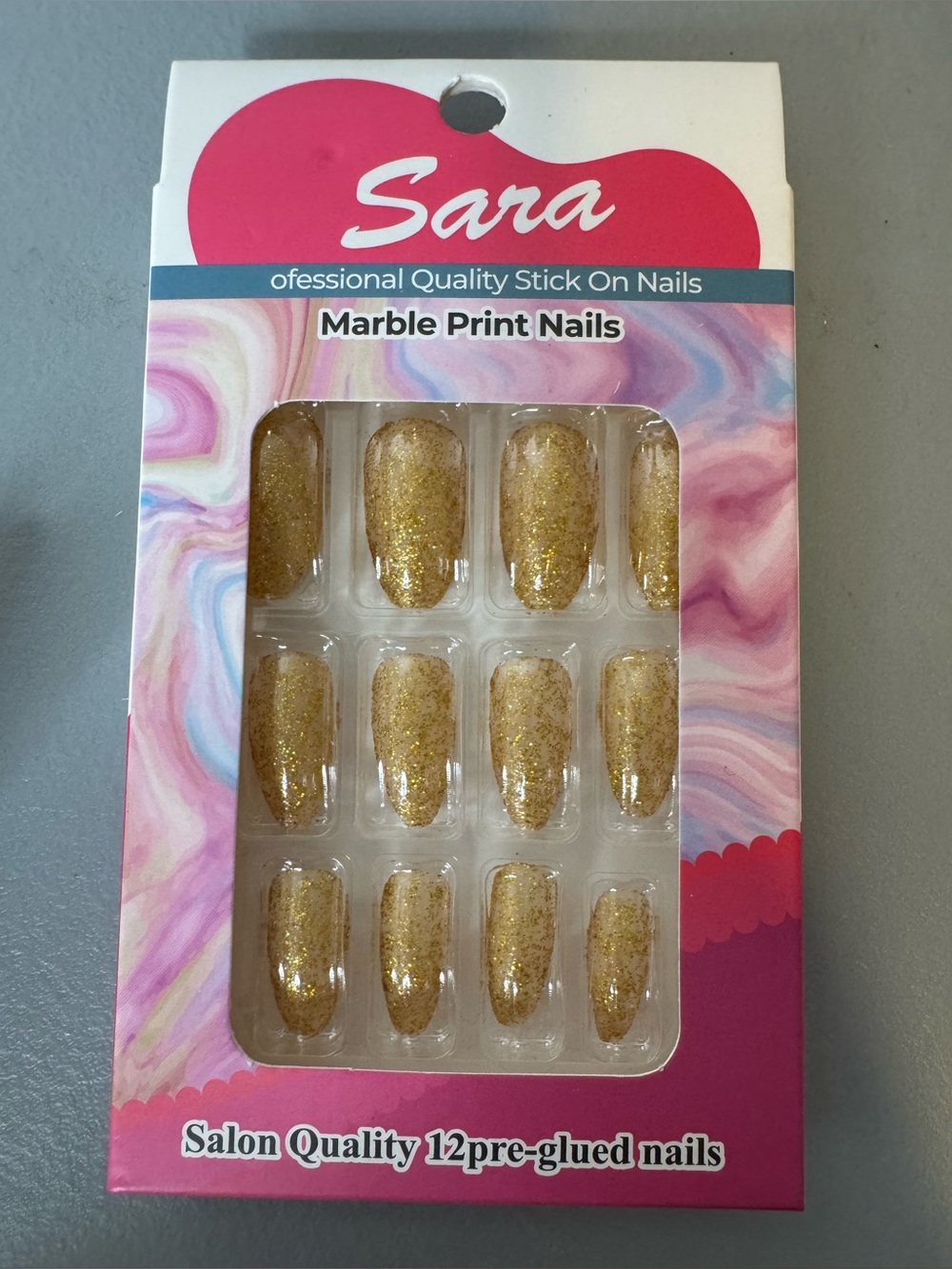 Sara Gold Glitter Marble Press-On Nails 12ct almond shape